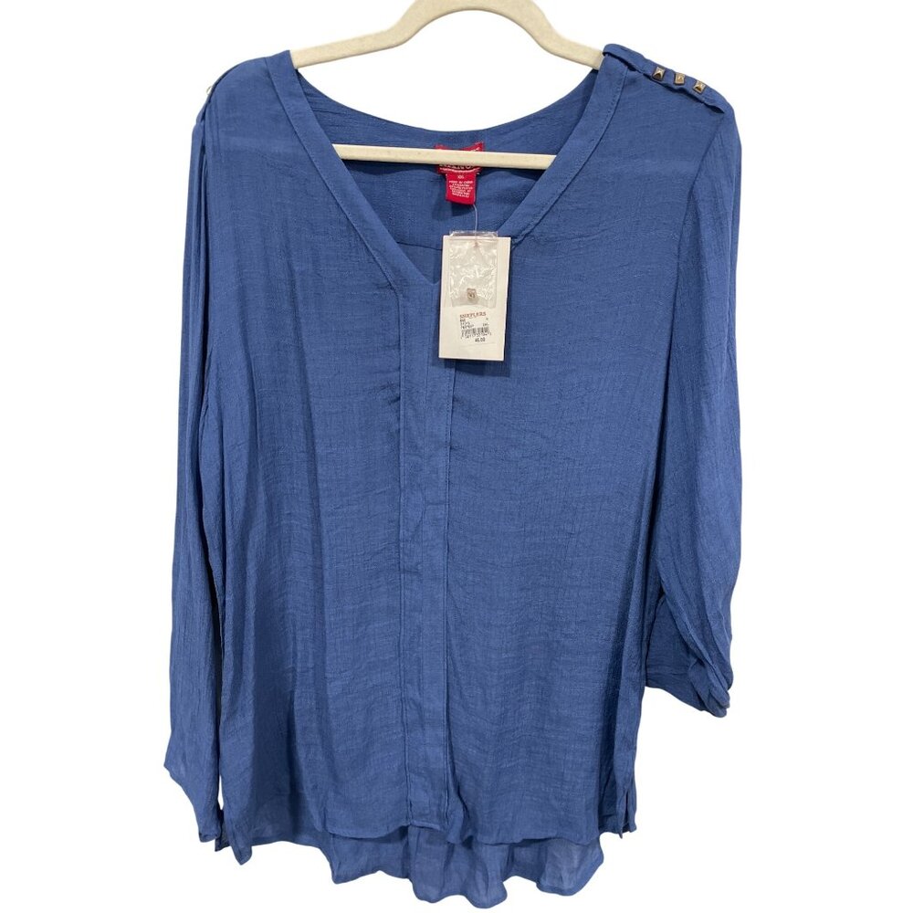 Red Ranch V Neck Roll Sleeve Shirt Womens XXL Pyramid Stud Blue Rayon Office NEW